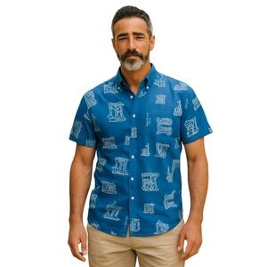 BURKMAN BROS M Blue THE TOURIST Polynesian themed pocketed camp shirt
